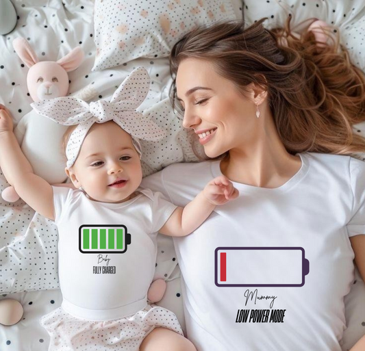 🔋 Mom & Baby Matching T-Shirts – "Fully Charged" & "Low Power Mode" 🔋